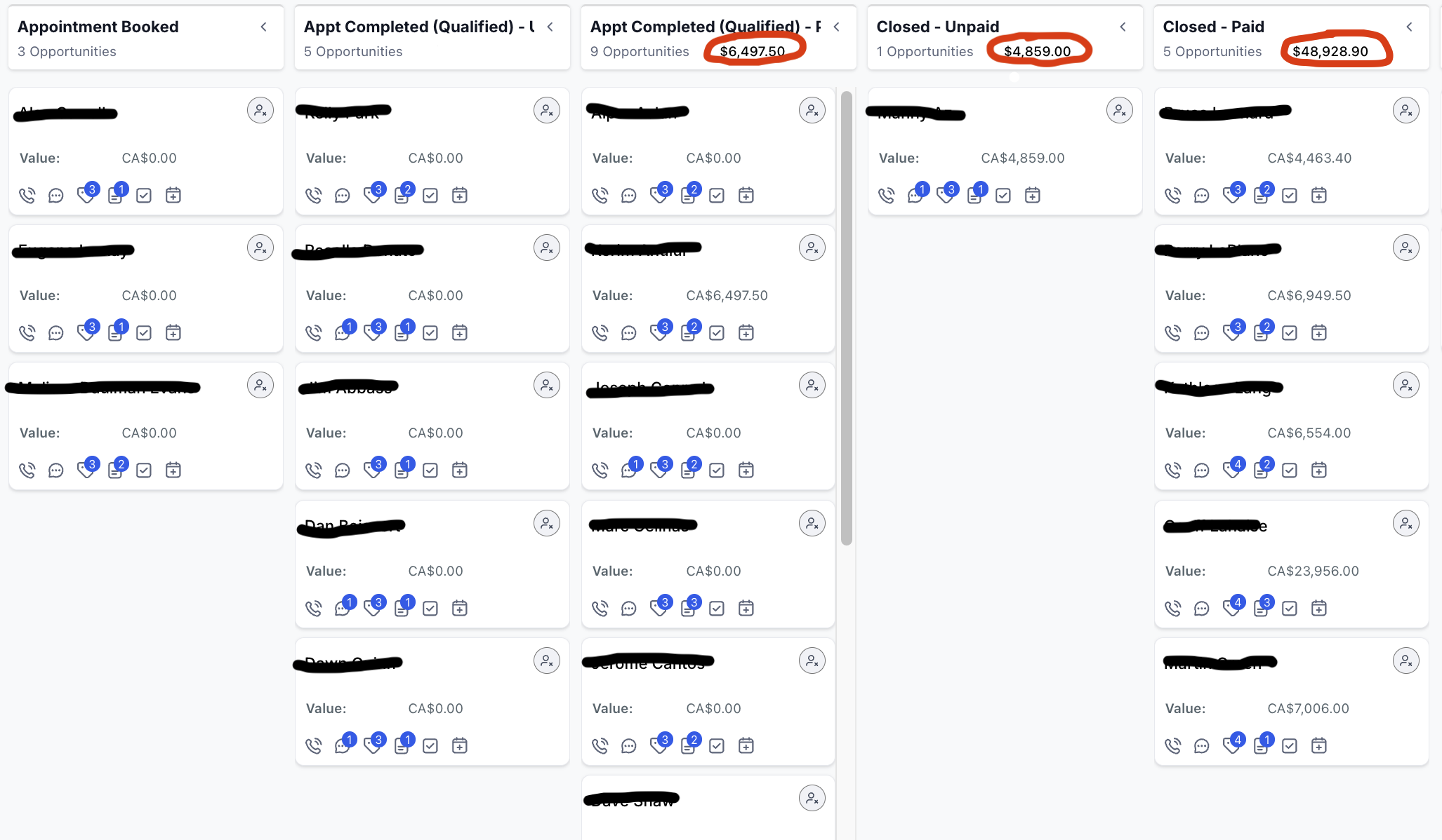 A client's CRM pipeline showing jobs from booked to completed to closed and paid