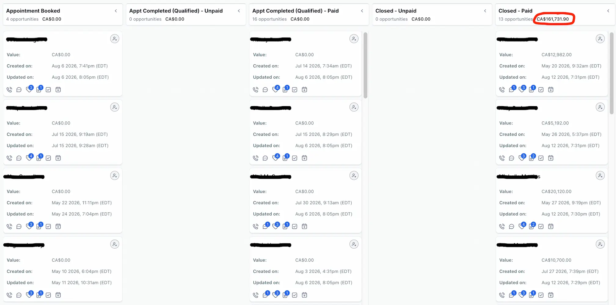 A client's CRM pipeline showing jobs from booked to completed to closed and paid