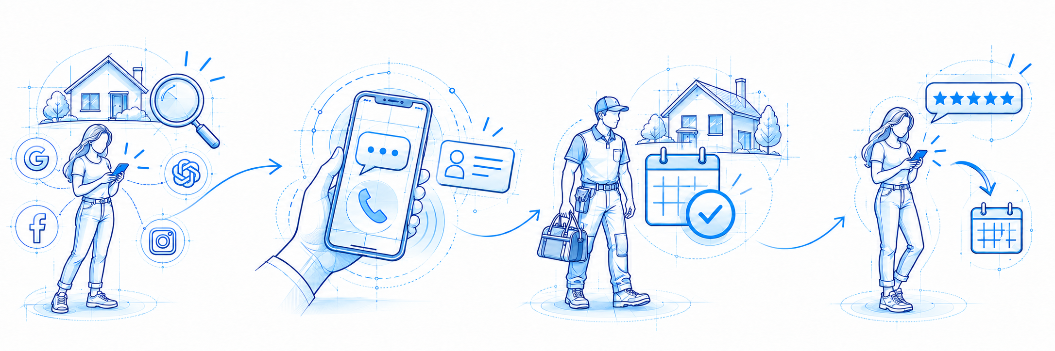 Blueprint drawing of a homeowner searching on her phone, surrounded by Google, ChatGPT, Facebook, and Instagram symbols.