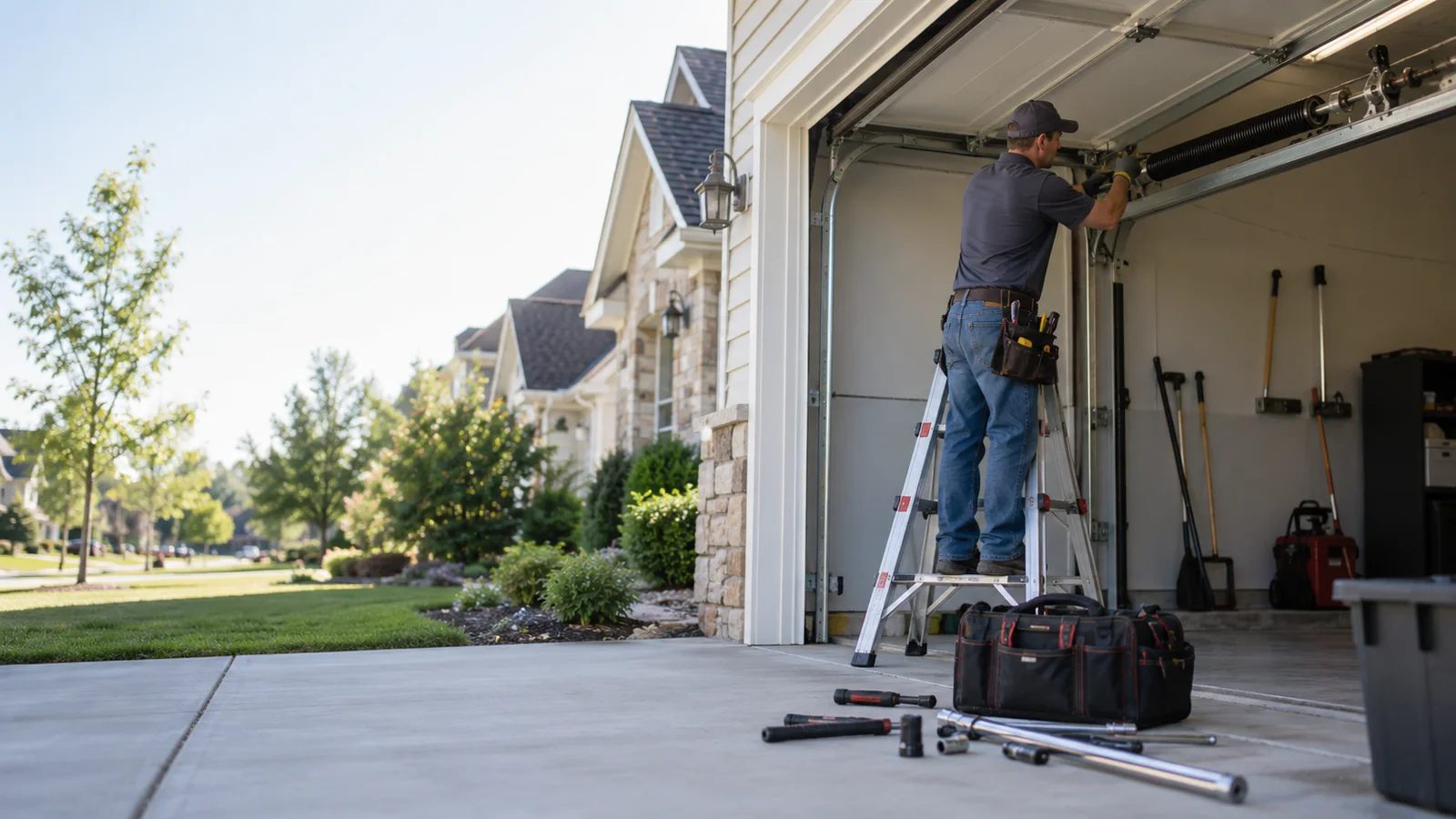 Garage door technician repairing a residential garage door