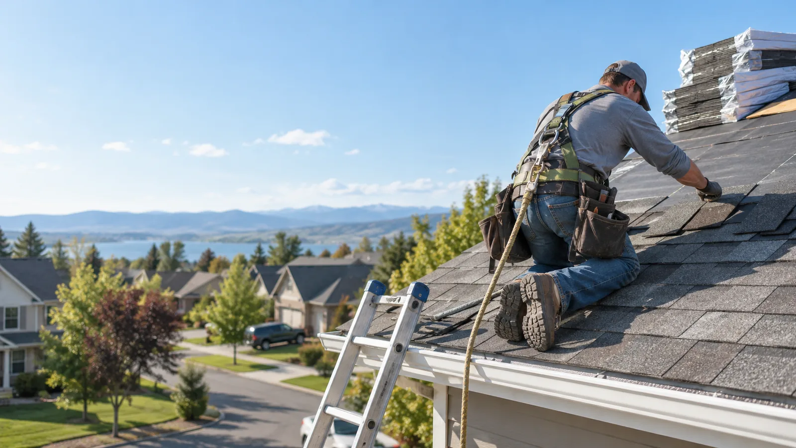 Roofer installing shingles on a suburban home, roofing SEO