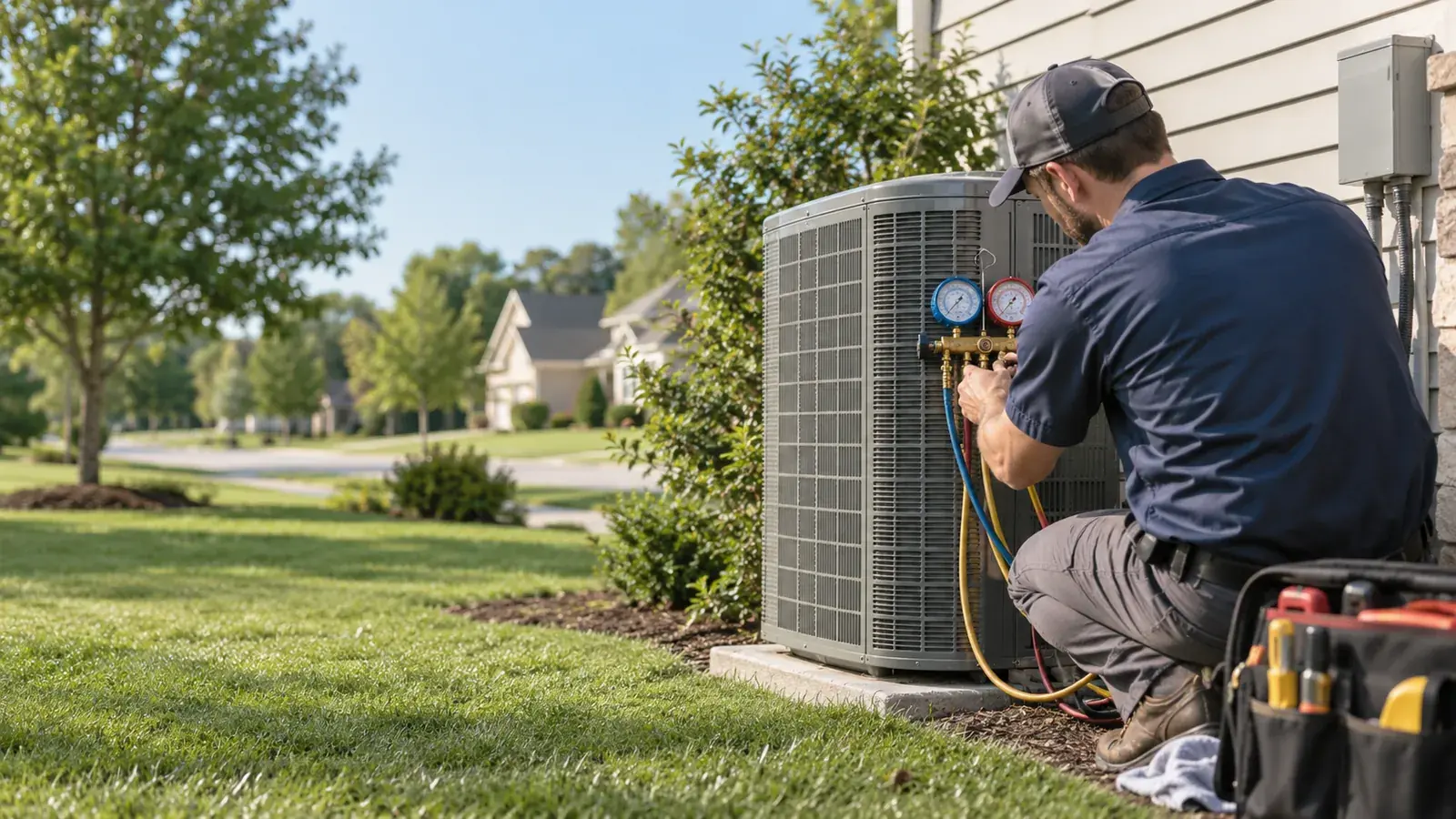 HVAC technician servicing an outdoor AC unit, HVAC SEO