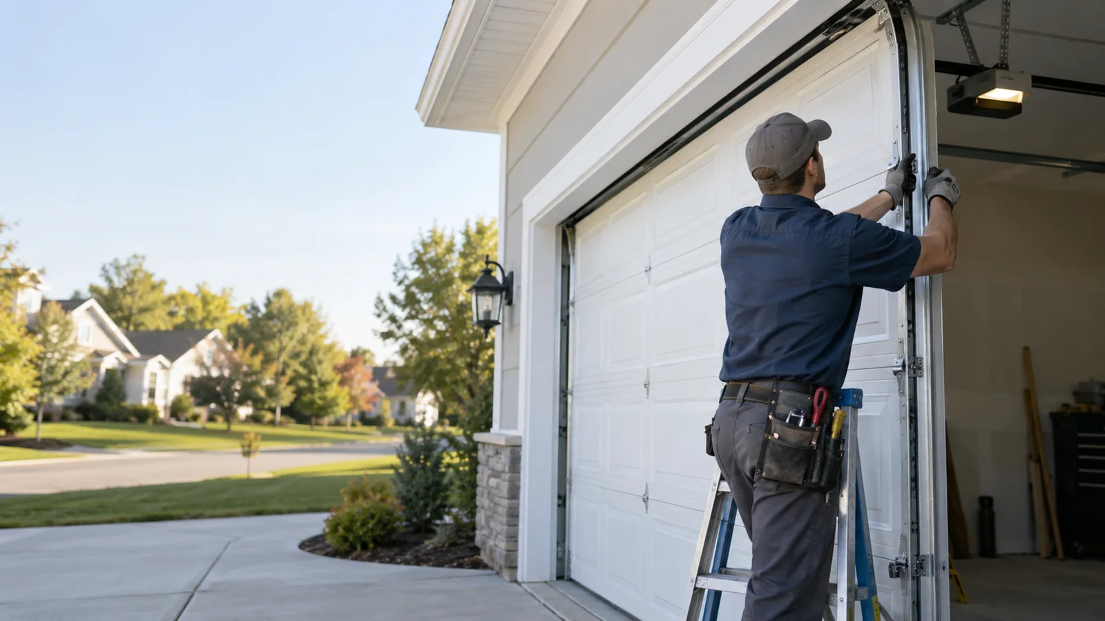 Technician installing a residential garage door, garage door SEO