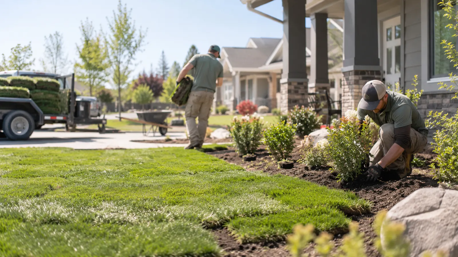 Landscaping crew planting shrubs in a front yard, landscaping SEO