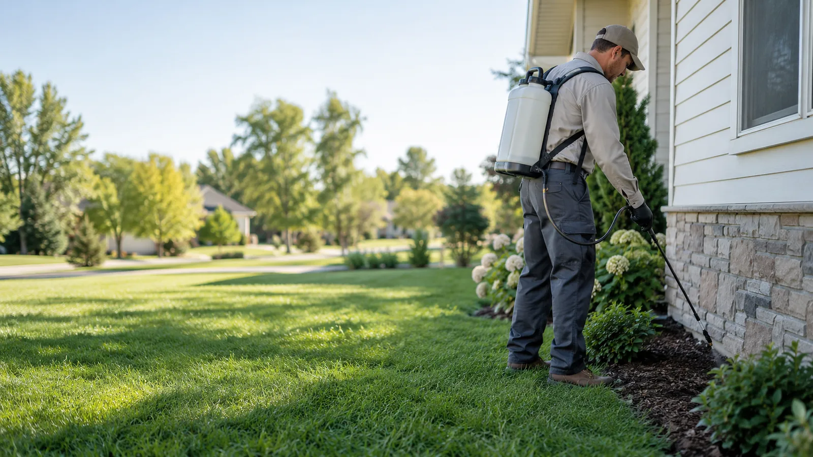 Pest control technician treating a home's foundation, pest control SEO