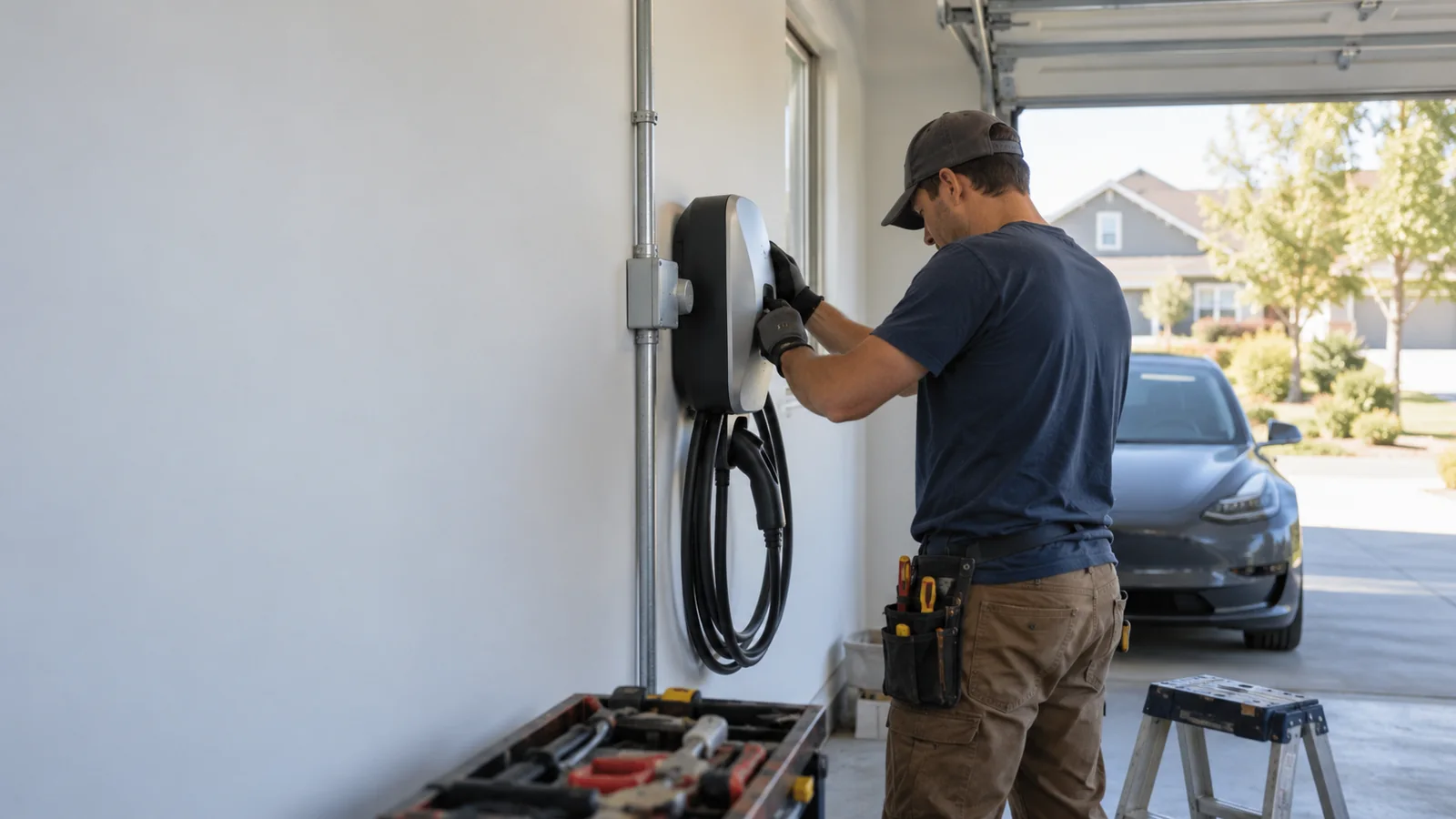 Electrician installing an EV charger in a home garage, electrician SEO