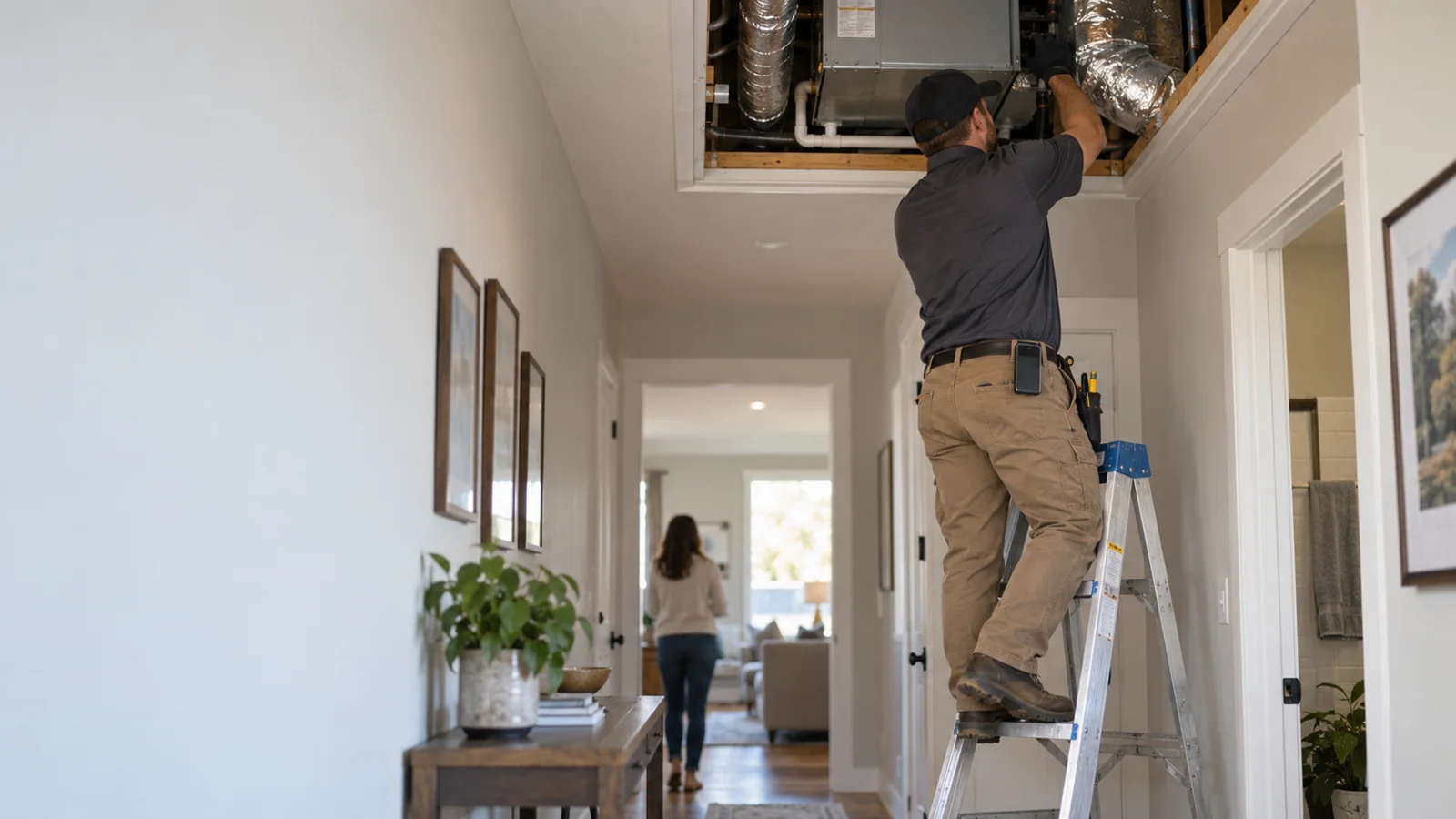 HVAC technician working on a furnace while calls are answered, HVAC answering service