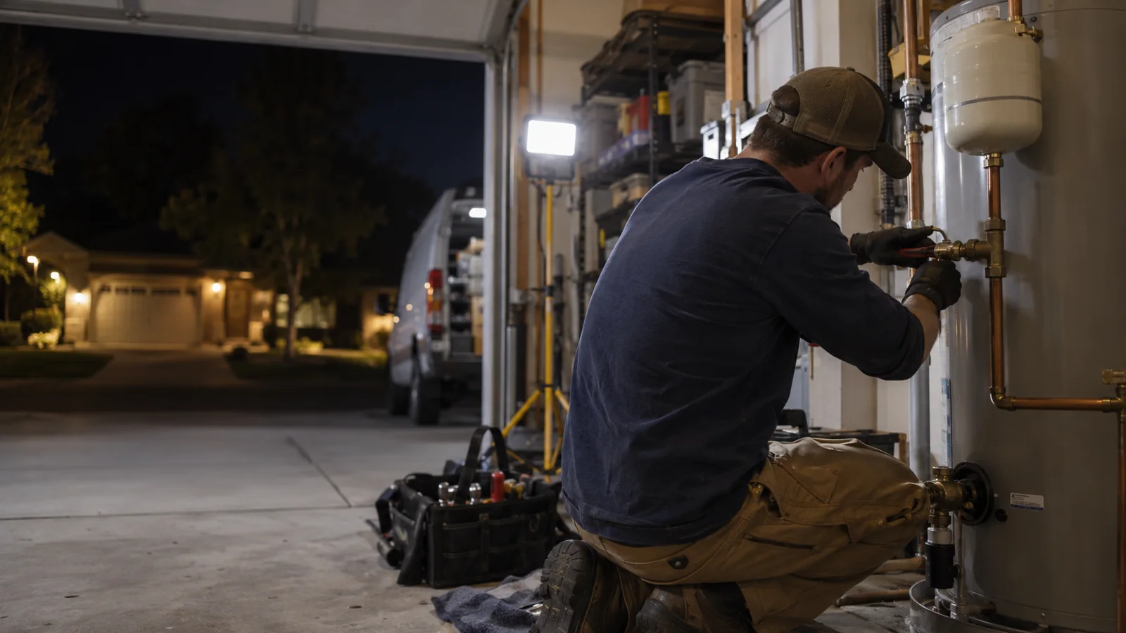 Plumber repairing a water heater at night, plumbing answering service