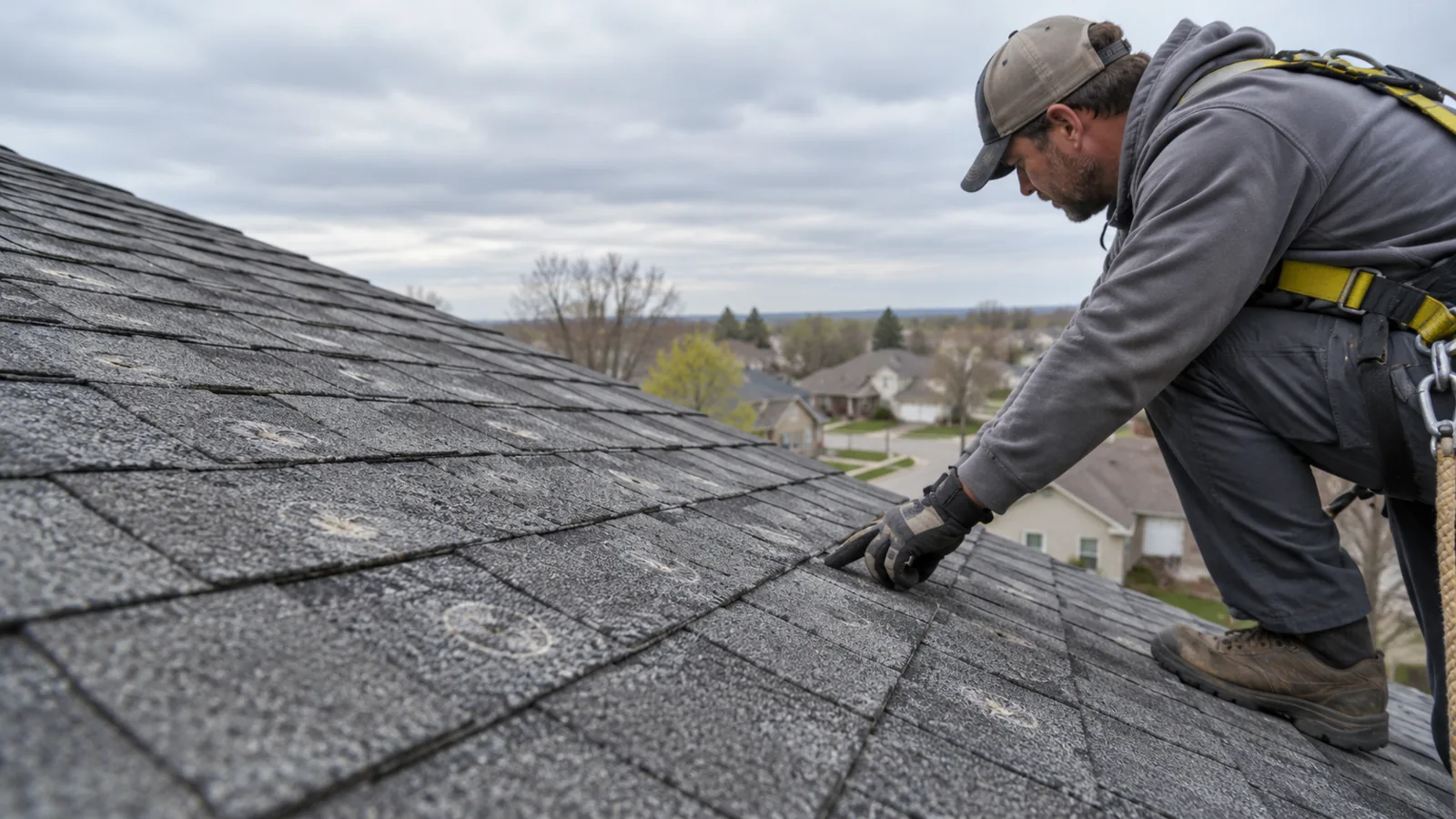 Roofer inspecting storm damage on a roof, roofing answering service