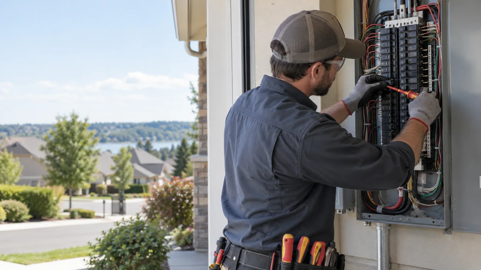 Electrician working on a home electrical panel, answering service for electricians
