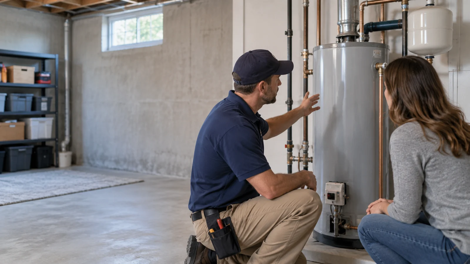 Plumber with a homeowner after a water heater installation, plumbing marketing