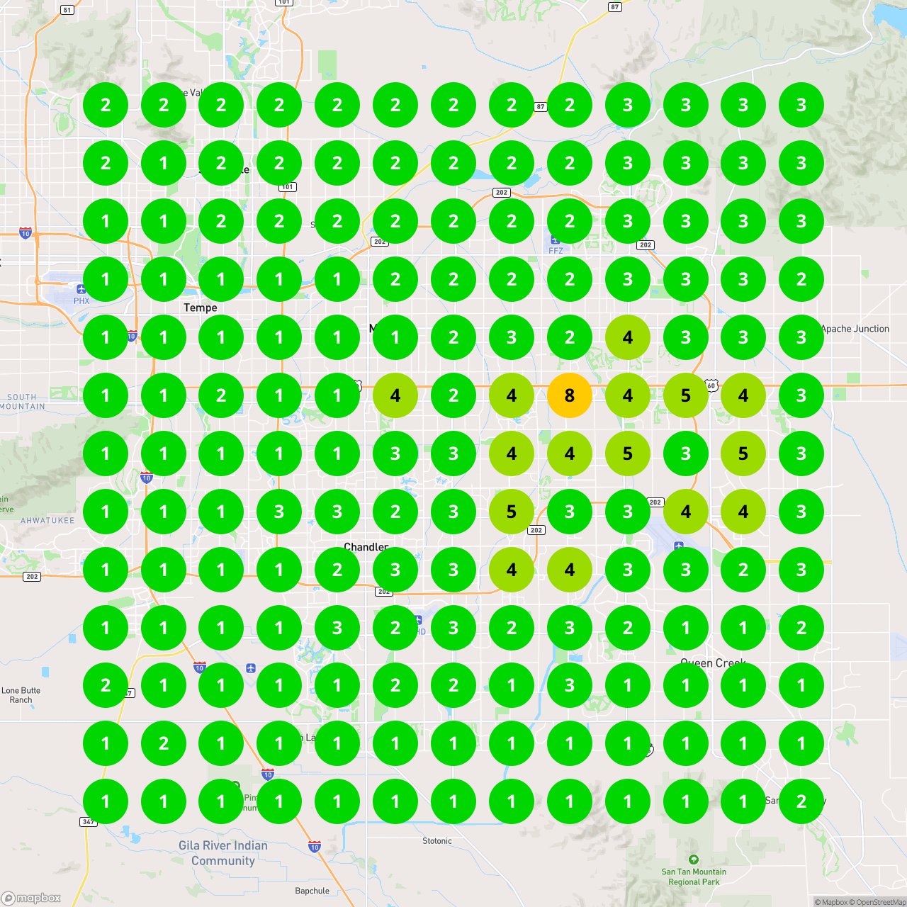 Google Maps grid ranking for water delivery in Gilbert, after: average position 2.06