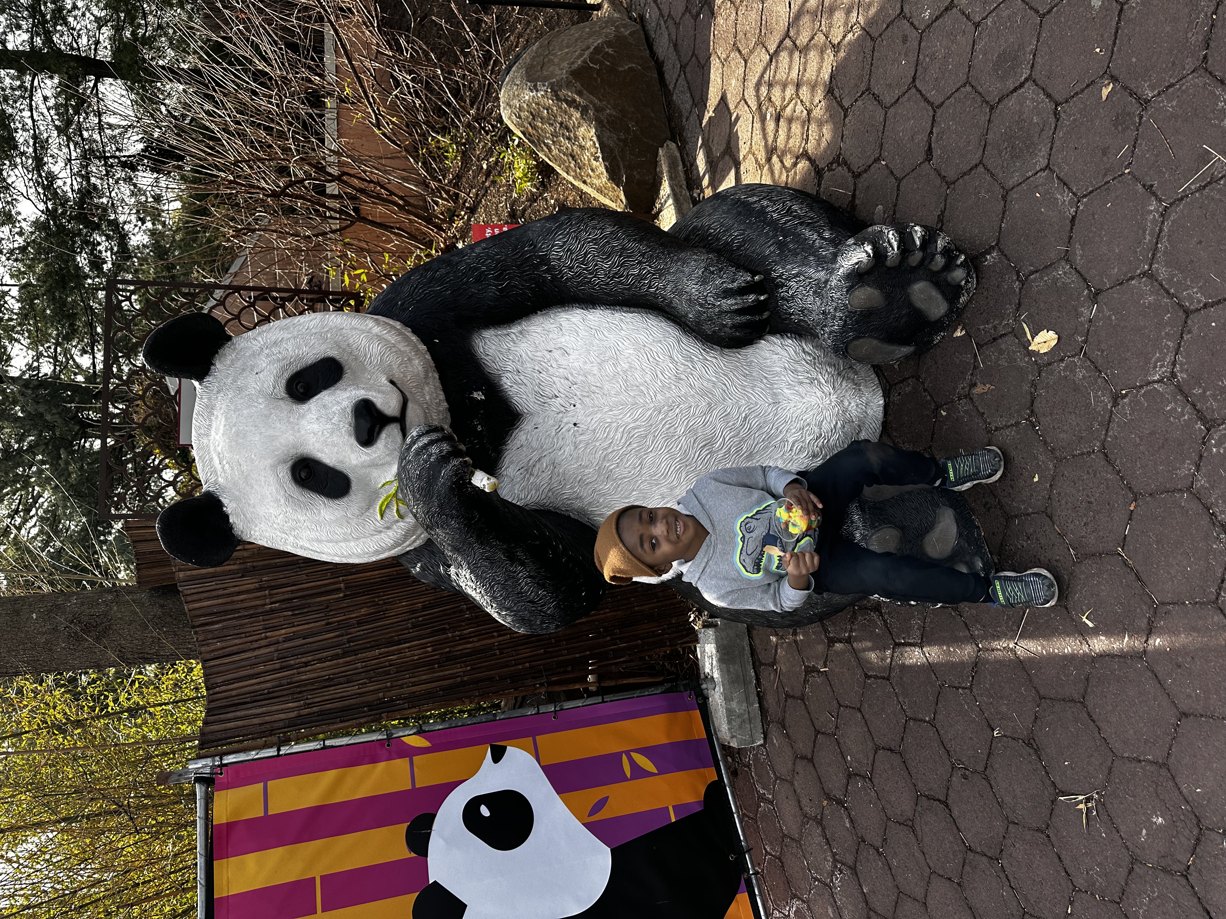 Young Black boy in beanie sitting next to giant panda statue at Smithsonian National Zoo in Washington DC