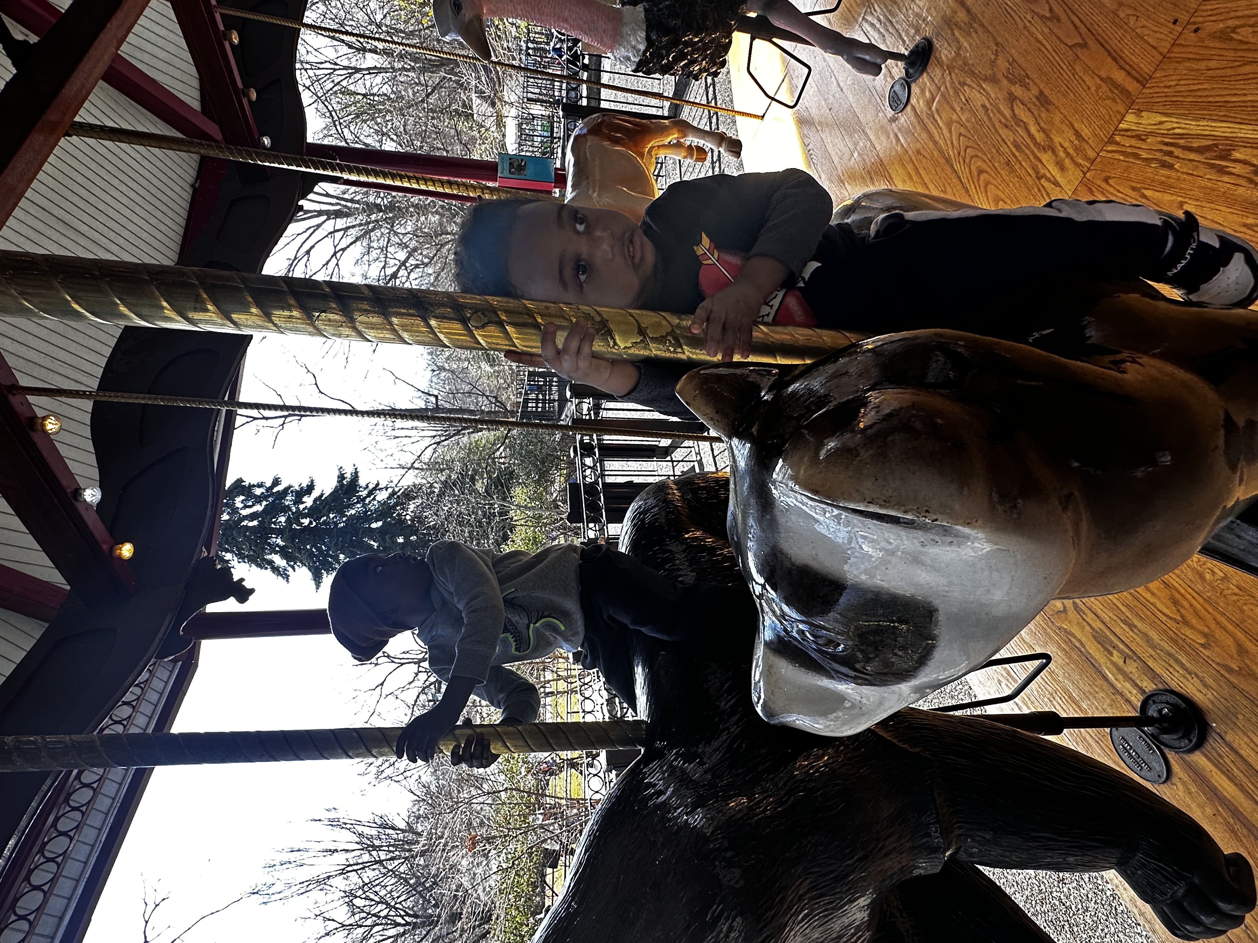 Young Black boys riding alligator on carousel at Smithsonian National Zoo Washington DC