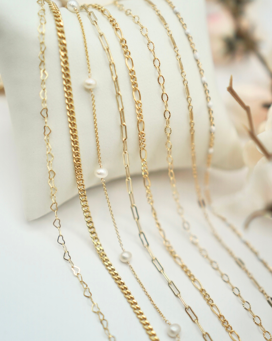 Gold chain necklaces with pearl accents