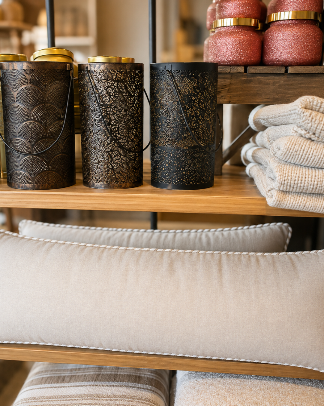 Decorative lanterns, candles and neutral home décor accessories