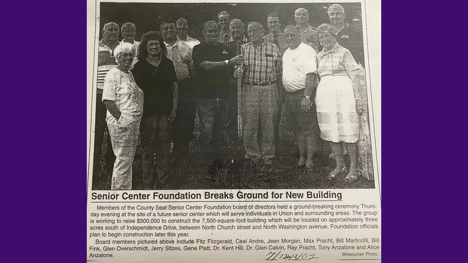 Newspaper clipping: Senior Center Foundation breaks ground for new building