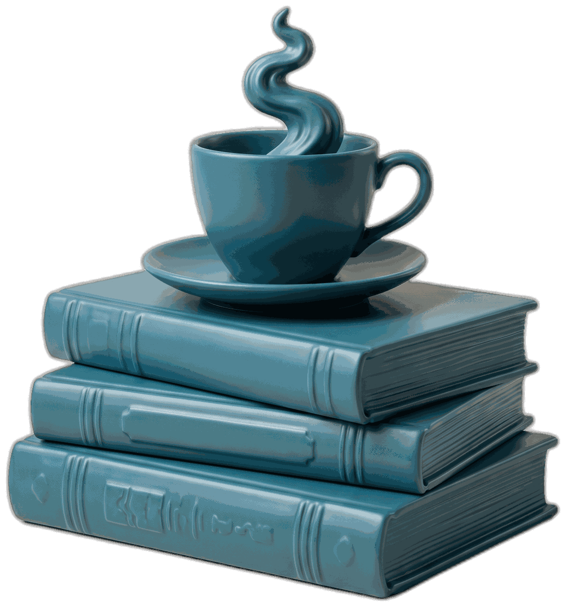 Libros y taza de té, escultura en teal