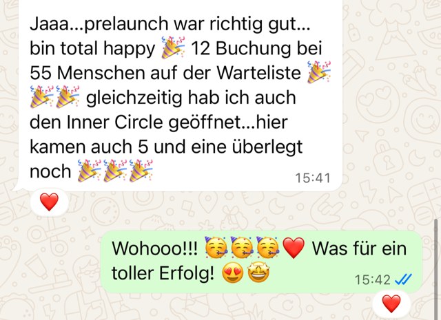 WhatsApp-Nachricht: Prelaunch-Erfolg – 12 Buchungen bei 55 Menschen auf der Warteliste