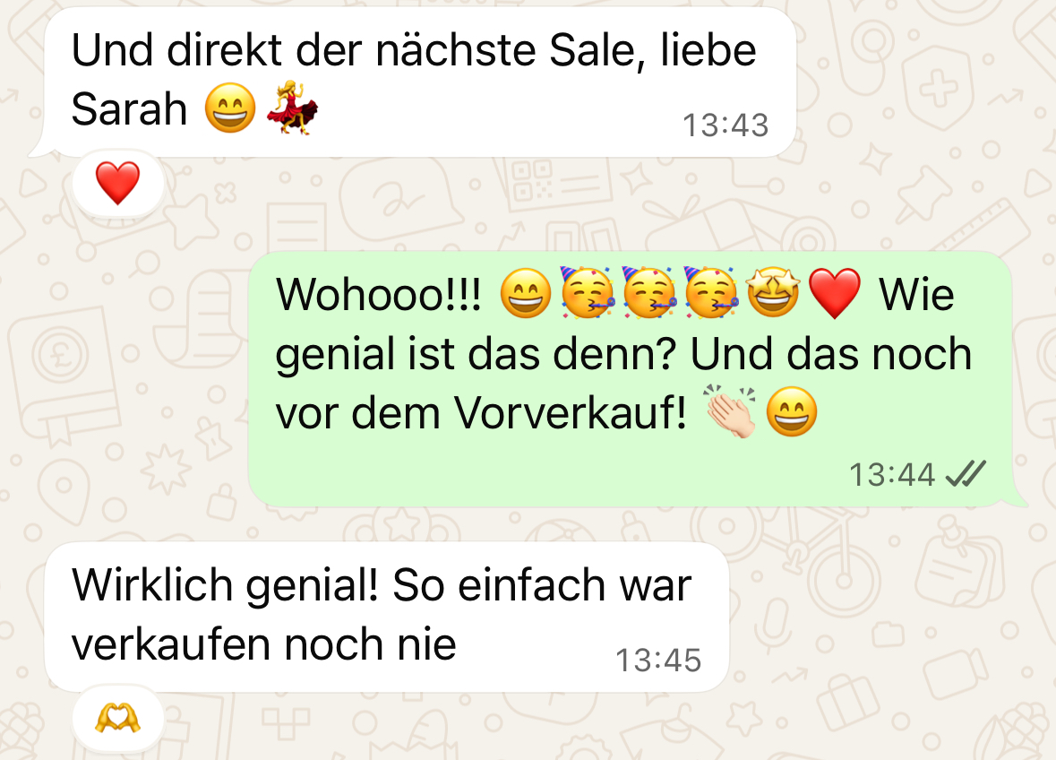 WhatsApp-Screenshot: nächster Platz verkauft, noch vor dem Vorverkauf