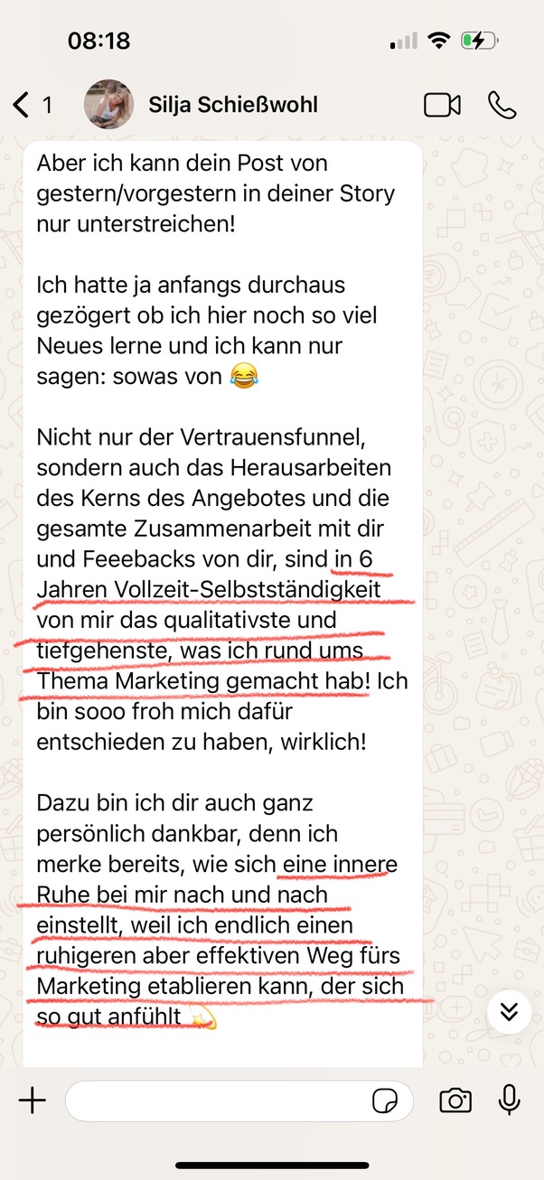 Nachricht einer Kundin aus dem Vertrauensfunnel