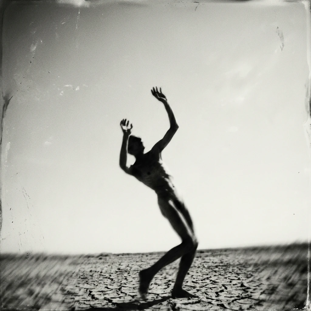 A silhouette on cracked earth, arms raised toward an empty sky.