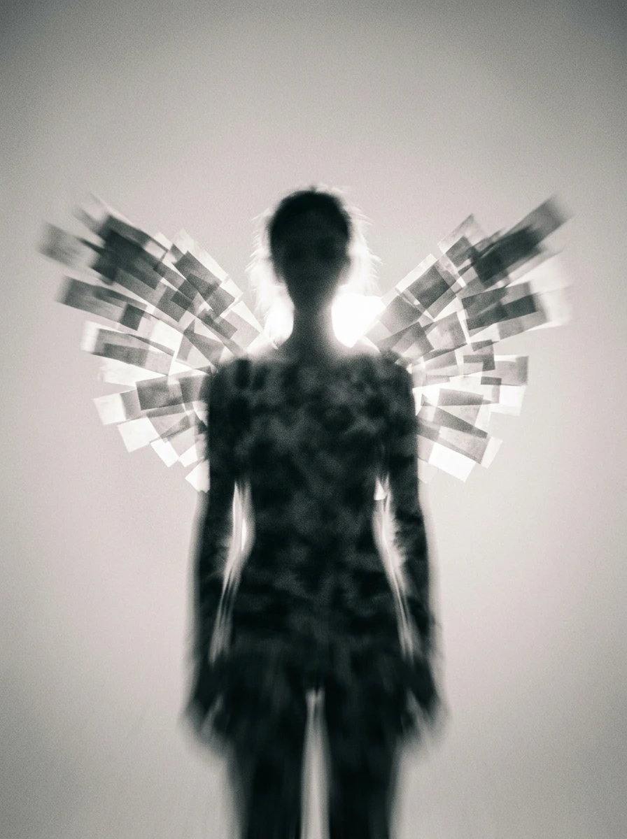 A backlit silhouette with wings assembled from paper fragments, glowing at the edges.