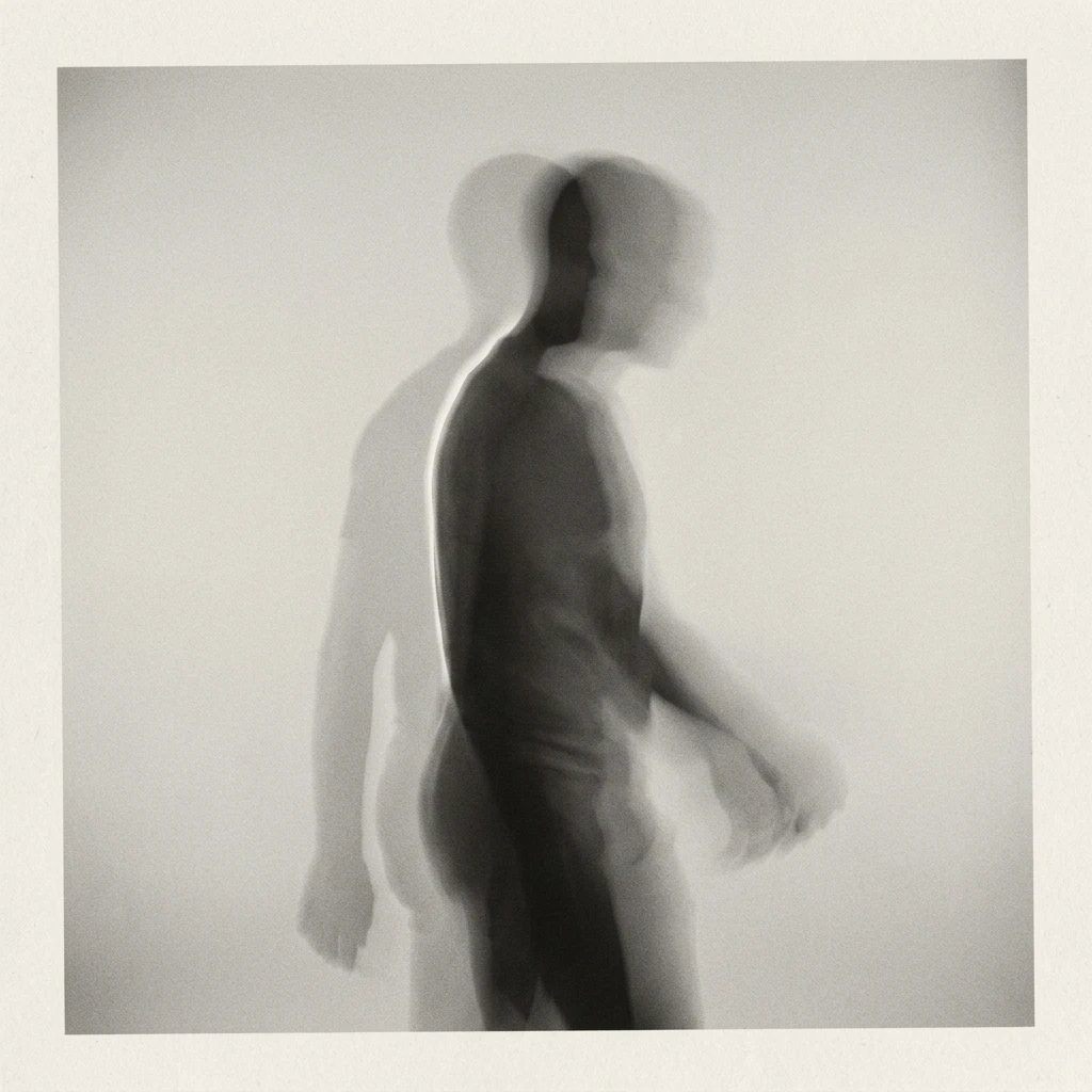 A figure caught mid-turn, one face already dissolving into the other.