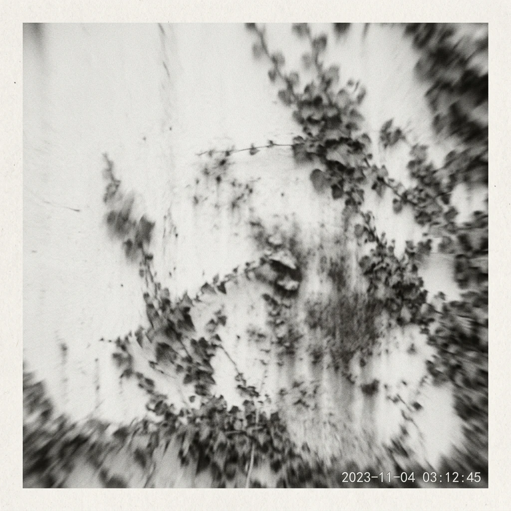 Ivy overtaking a wall, faint and grainy, like a year of change caught in one frame.