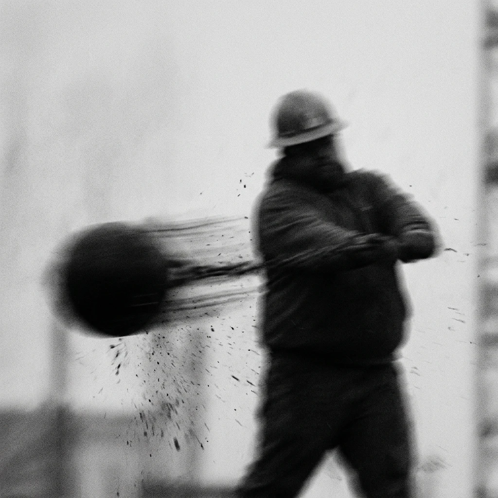 A figure in a hard hat swinging a wrecking ball, motion-blurred mid-strike.