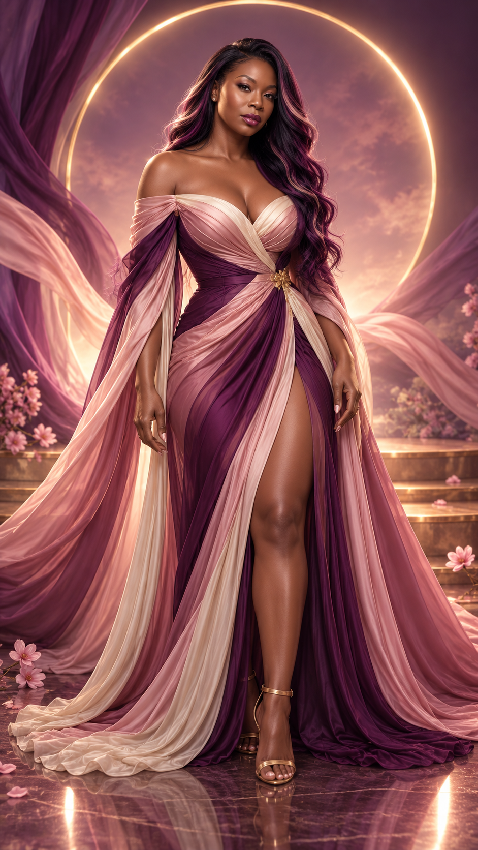 Hybrid Goddess Noir — Golden Halo Plum Gown, approved full-body figure bridging Soft Goddess and Purple Noir