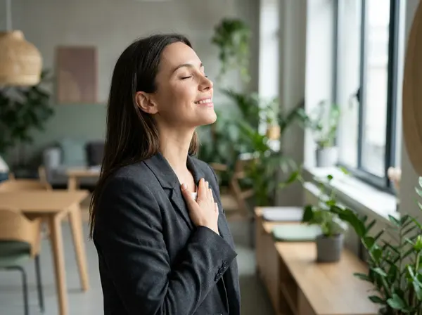 Business leader practicing mindful breathing and state management before difficult conversation