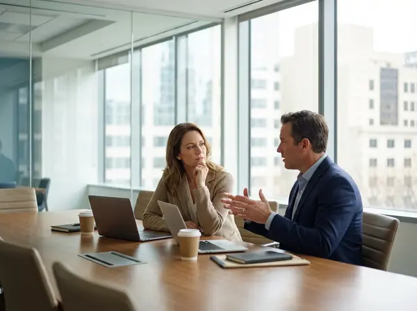 Manager demonstrating active listening skills with employee in Bellevue office conference room
