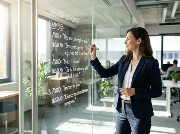 Leadership coach demonstrating specific word choice techniques on whiteboard in Seattle training facility