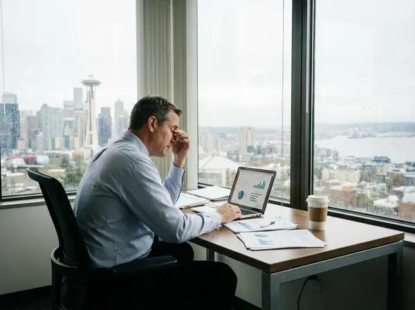 Seattle manager experiencing workplace communication challenges at desk with city skyline view