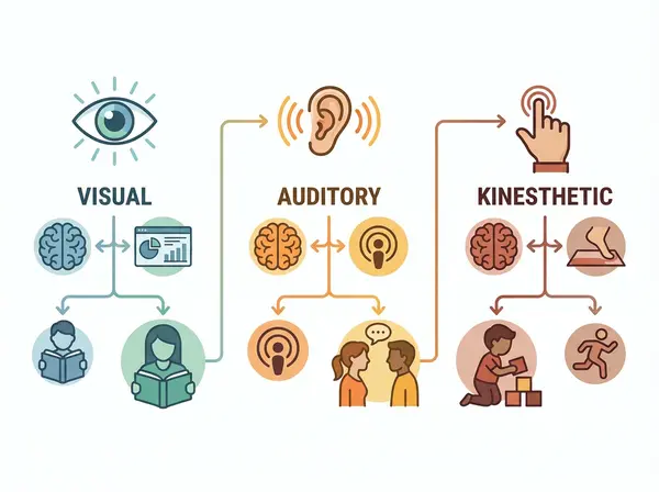 VAK communication styles diagram showing visual auditory kinesthetic learning preferences for managers
