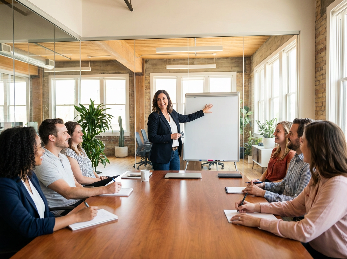 Confident manager leading effective team meeting in Bellevue using Three Pillars communication framework