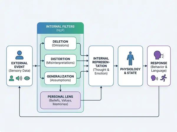 NLP communication model showing deletions distortions generalizations in workplace listening