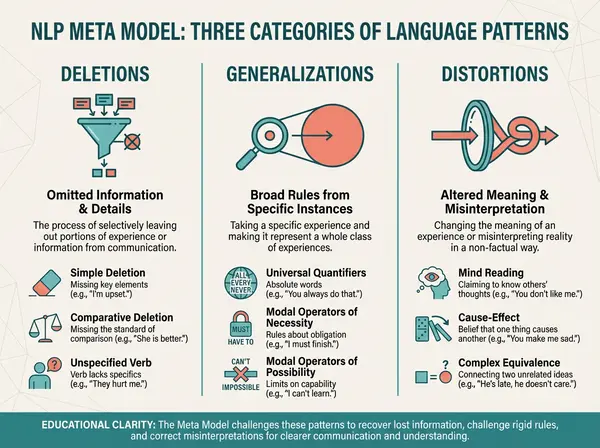 NLP Meta Model framework diagram showing deletions, generalizations, and distortions categories for workplace communication