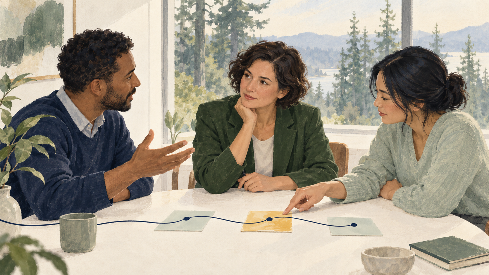 Three colleagues discuss project cards around a table, with a clear navy line linking the next steps.