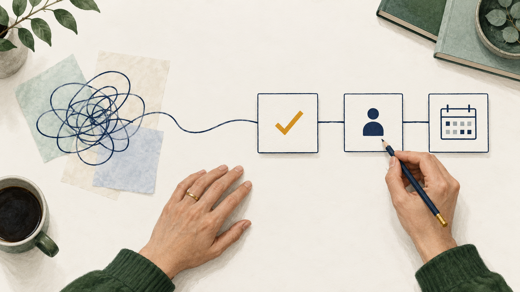 A tangled navy line becomes three connected cards showing a checkmark, a person, and a calendar.