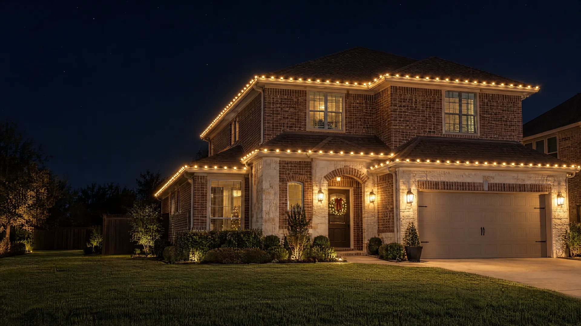 Example of a custom warm-white Christmas light installation outlining every roofline of a two-story brick and stone home at dusk