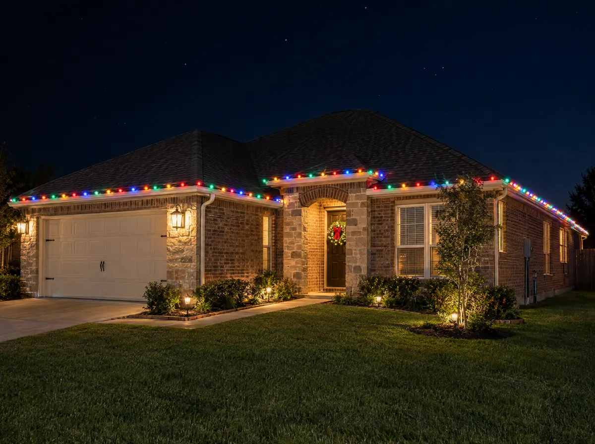 Multicolor C9 Christmas lights in red, green, blue, orange and gold along the gutters of a single-story brick home at night, an example of a classic multicolor roofline