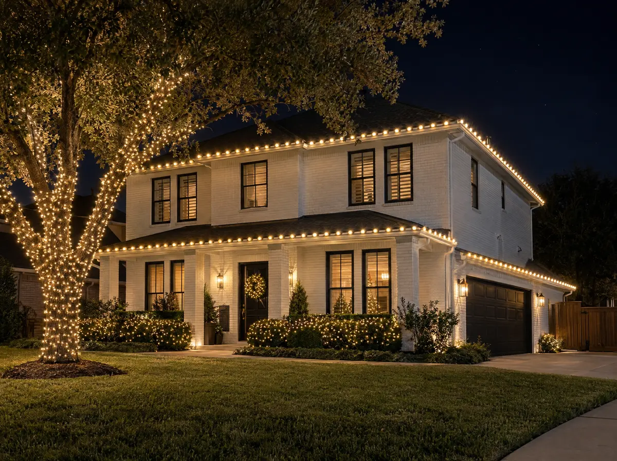 Warm white C9 roofline lights on a two-story white brick home with mini lights wrapped around a live oak trunk and branches and draped over the front shrubs