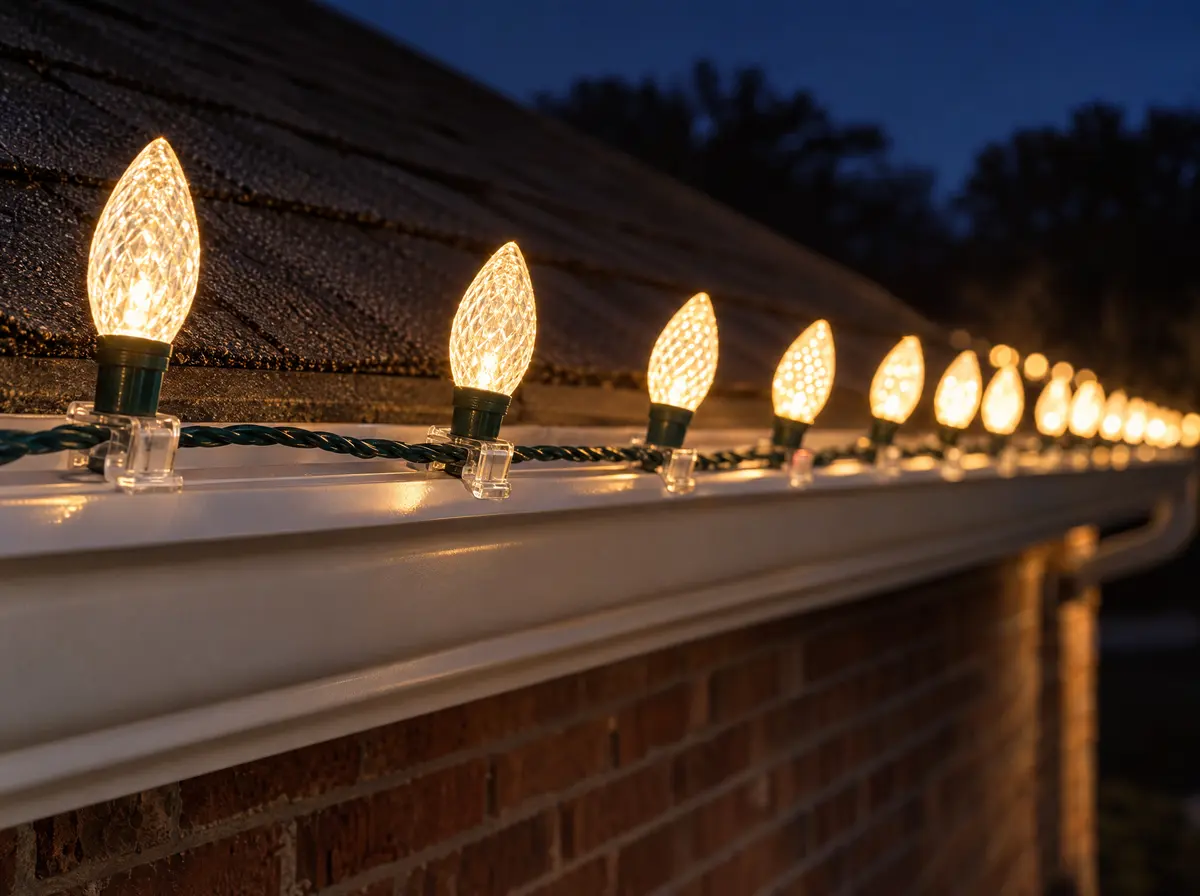 Close-up of warm white C9 Christmas bulbs evenly spaced on a white gutter, held in place with clear clips