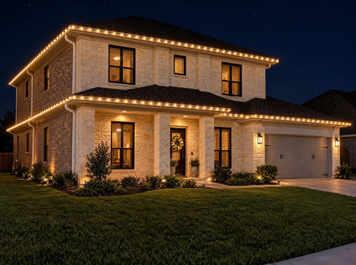 Warm white C9 Christmas lights in continuous rows along the upper and lower gutters of a two-story limestone and brick home at night, an example of the roofline lighting we install in Cypress, TX