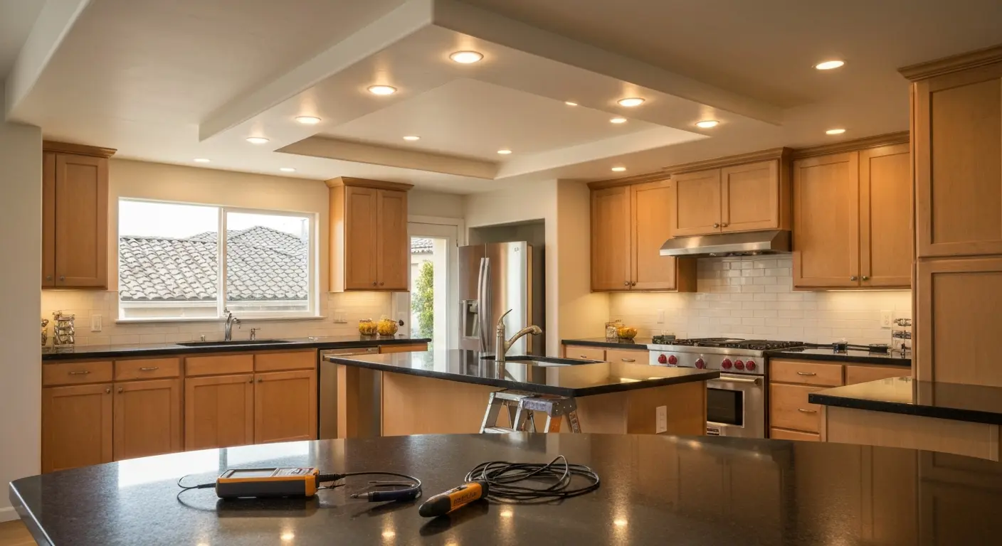 Recessed lighting installation in kitchen