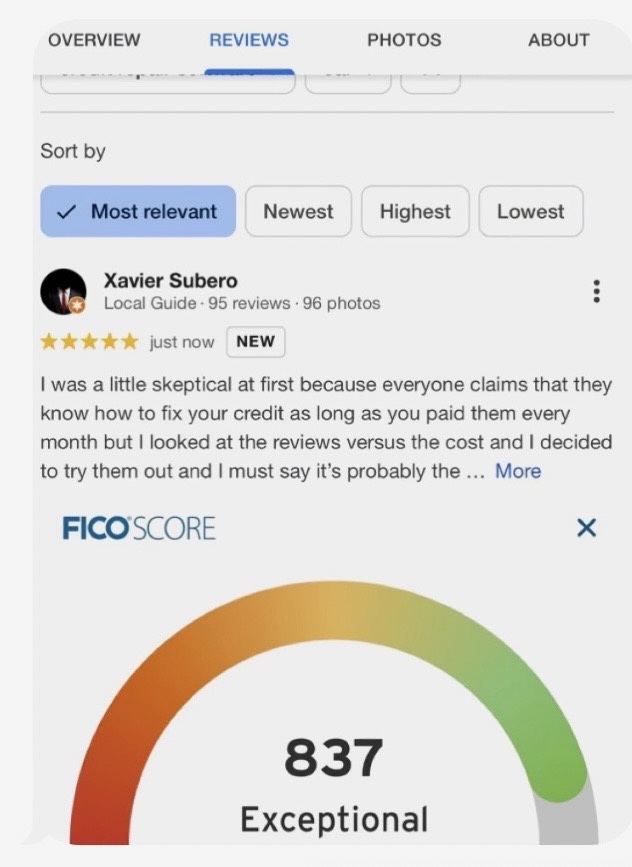 Client review displayed with an 837 FICO score