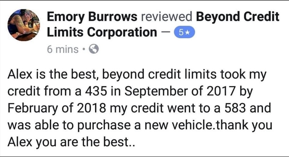 Client review describing credit score progress from 435 to 583
