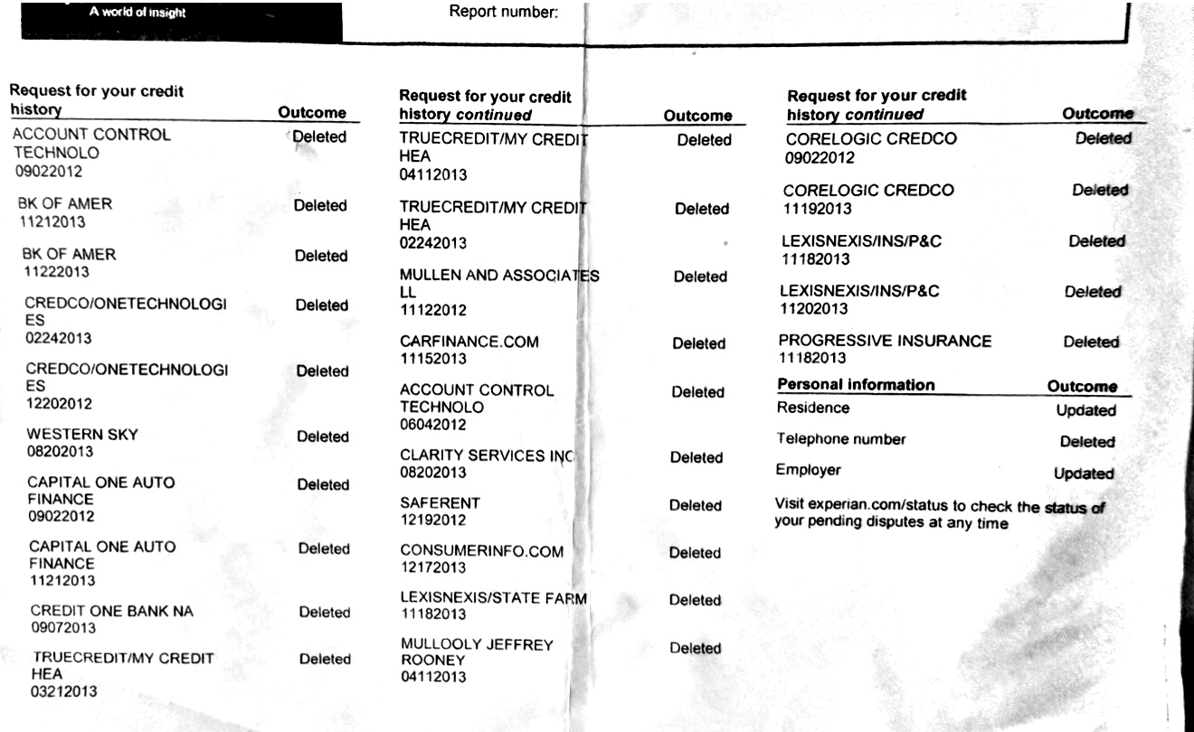 Client-provided bureau document showing multiple items reported deleted